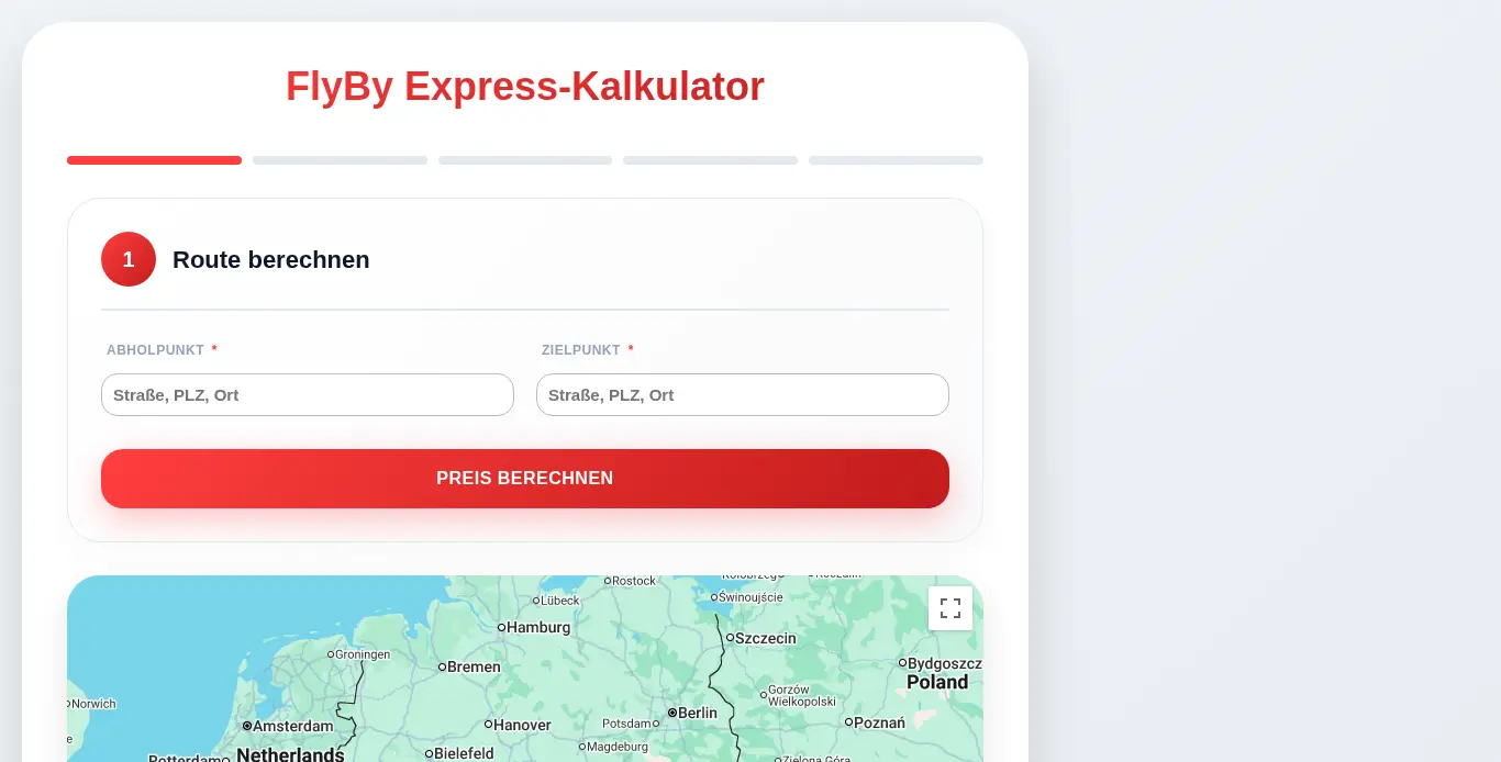 Schritt 1: Route eingeben – der Preis wird automatisch berechnet Schritt 1: Route eingeben – der Preis wird automatisch berechnet
